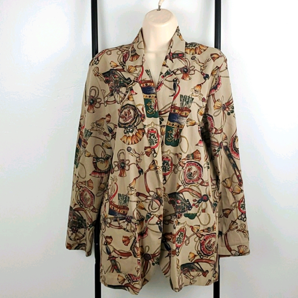 Vintage 80s Equestrian print oversize blazer v-neck women size S